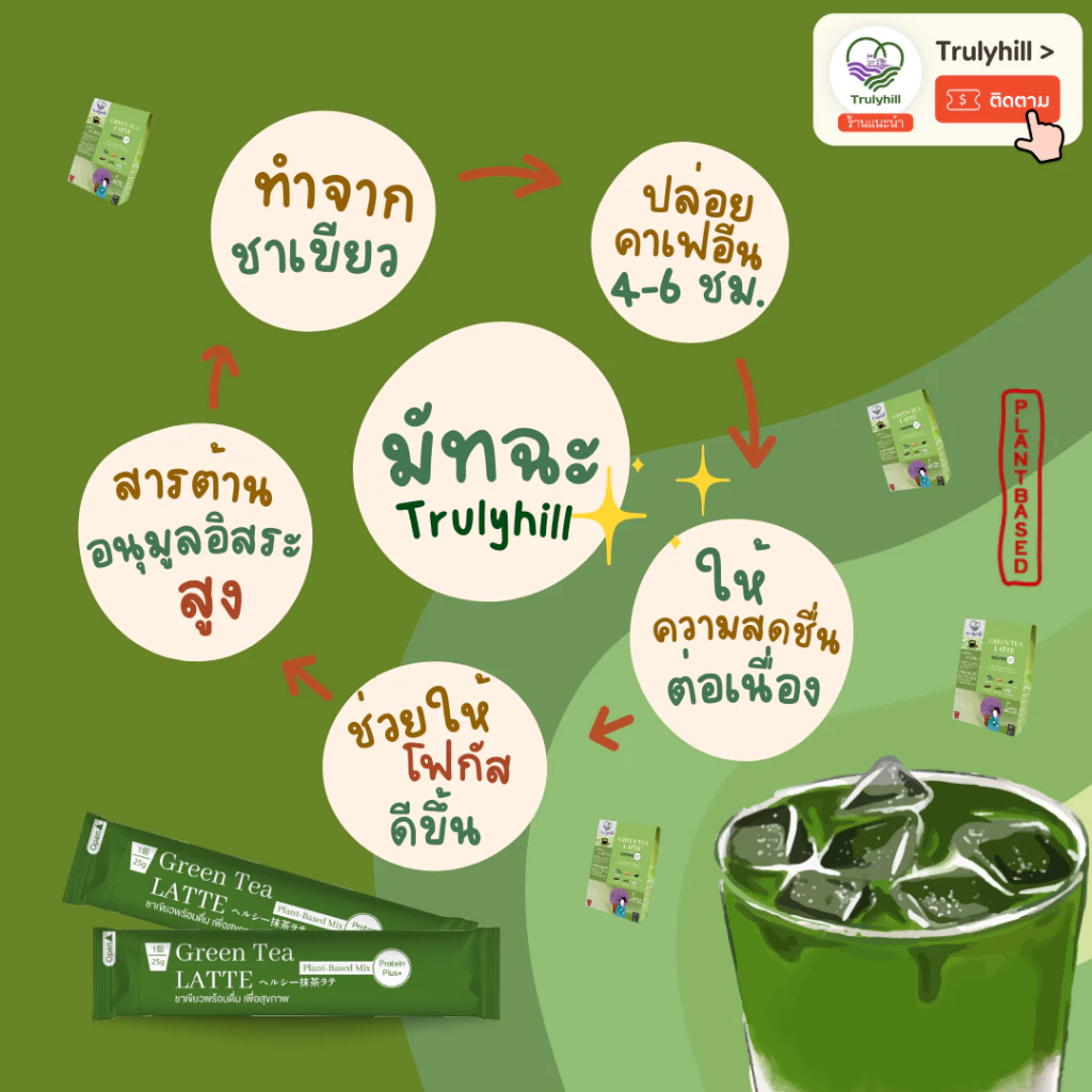 Trulyhill Green Tea Latte ชาเขียวมัทฉะผสมโปรตีนถั่วและหญ้าหวาน 1 ซอง thumbnail 4