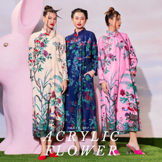 Dress Qipao - Acrylic Flower เดรสกี่เพ้าลายดอกไม้ สวยดูแพง ชุดจีนแขนยาว