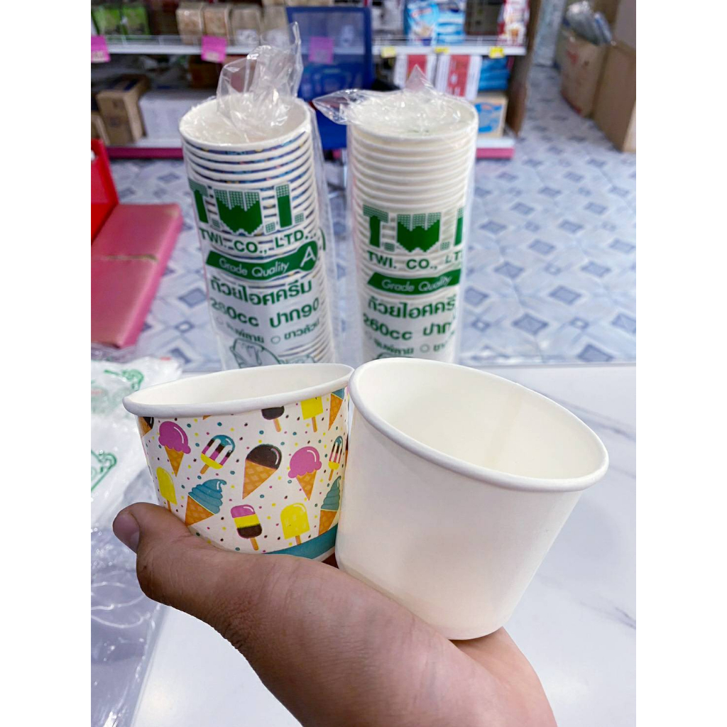 (ชุดละ 5 แพค) ถ้วยไอศครีม ถ้วยไอติม กระดาษ 260 cc. ปาก 90 mm. ขาวล้วน - คละลาย แพคละ 50 ใบ ตราเพชร