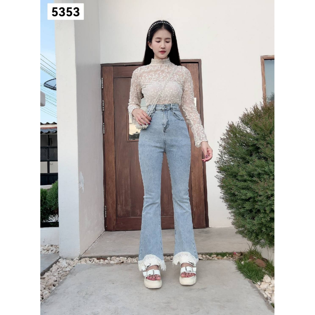 AL-5352# กางเกง​ยีนส์ขาม้า มีลูก​ไม้เก๋ๆ น่ารักมาก​เนื้อผ้า​ดีคะใส่กับอะ​ไรก็สวยจ้า​ ดีเทล​เกาหลี​มากกกแม่