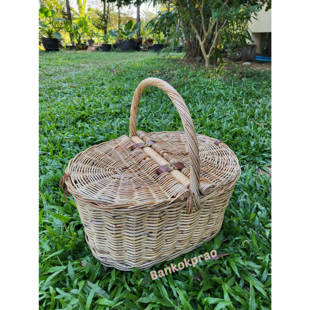 ตะกร้าหวาย ตะกร้าปิคนิค ตะกร้าหวาย ตะกร้าปิกนิก ทรงรี (สีเบจธรรมชาติ