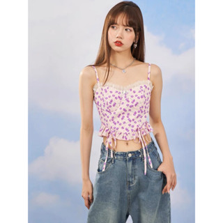 [𝗣𝗥𝗘-𝗢𝗥𝗗𝗘𝗥]🍒Cherry crop top เสื้อครอปสายเดียวลายปริ้นเชอรี่มีซีปหลัง