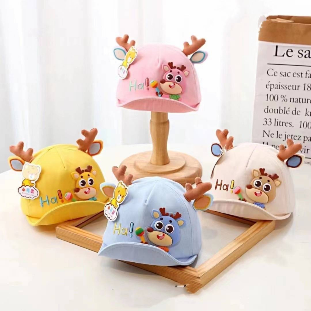 [พร้อมส่ง] หมวกเด็ก 4เดือน - 2ปี รอบหัว:46-48 cm. หมวกแก๊ปเด็ก (Cap) แต่งลายกวางน้อยน่ารัก 🦌 หมวกแฟชั่นเด็ก