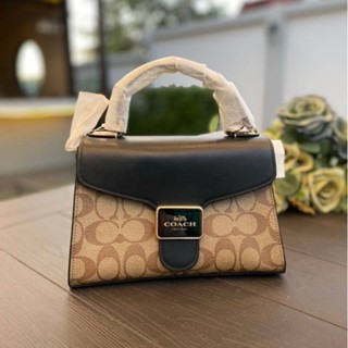 👜NEW Coach C1325 Pepper Satchel In Signature Canvas Khaki Black Multi ฝาดำ