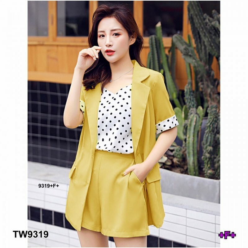 TT9319 Set 3 ชิ้น เสื้อสูท + สายเดี่ยวลายจุด+กางเกงขาสั้น	 Set 3 pieces: suit jacket + polka dot camisole + shorts - รูปที่ 2