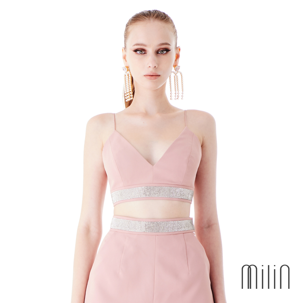 [MILIN] Roches Top Crystal deep v neck spaghetti strap bra top เสื้อสายเดี่ยว คอวี ทรงครอป แต่งคริสตัล