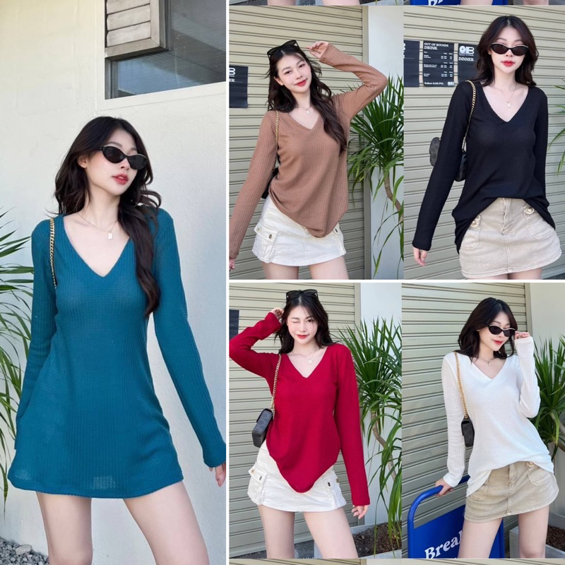 Morgan Knit Top or minidress เดรสสั้น ผ้านิ่มใส่บาย เสื้อคอวี เเขนยาว