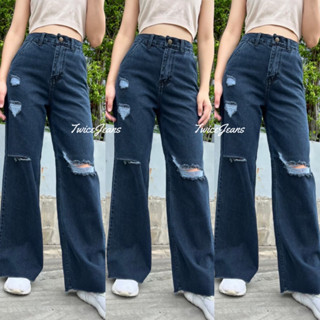 TwiceJeans กางเกงยีนส์ผู้หญิง ทรงกระบอก เก็บทรงสวย ยีนส์ขาด สีดำฟอก S-5XL มีไซส์ใหญ่ Bigsize