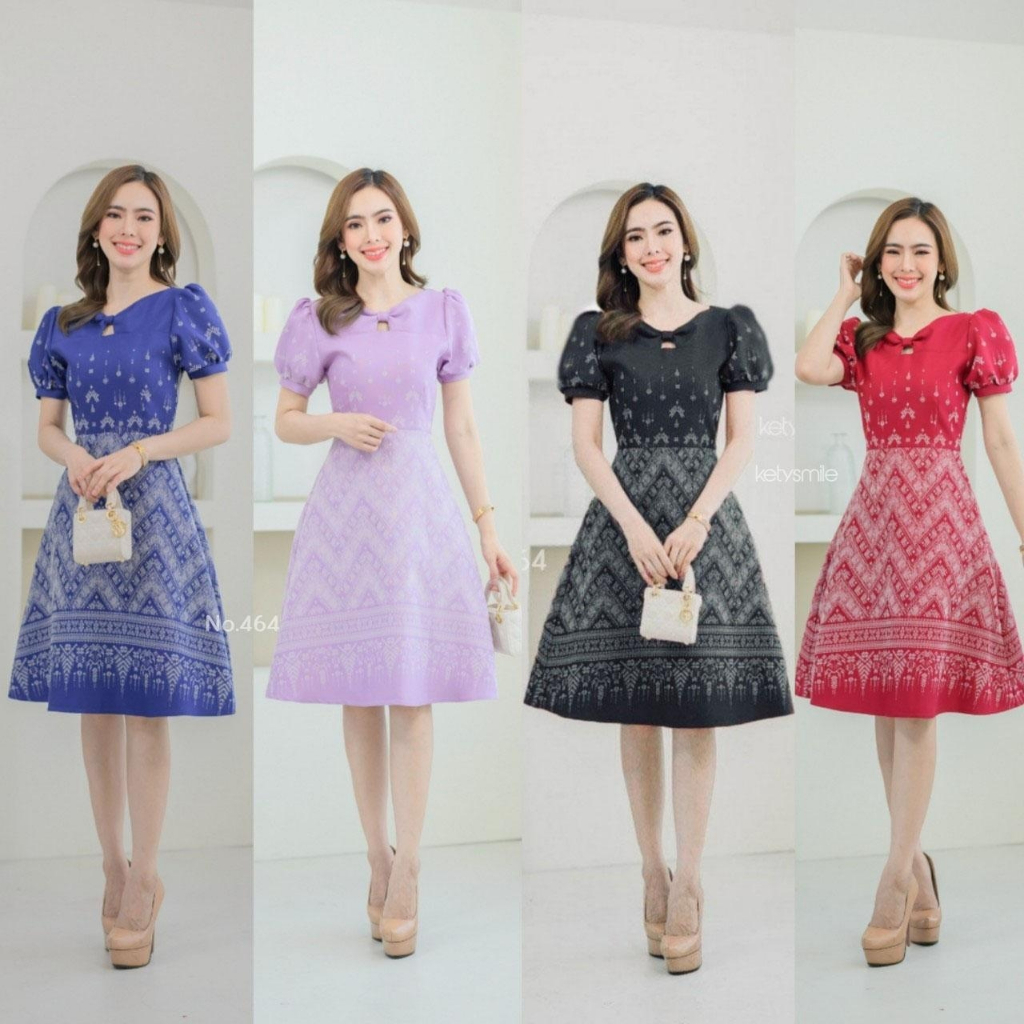 สวยต้อนรับวาเลนไทน์ เดรสผ้าทอลาย แต่งโบว์ กระโปรงบานทรงเอ แขนตุ๊กตา อัดกาวทั้งชุด (S-2XL) KS464
