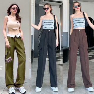 Looktrend888 กางเกงขายาว ผู้หญิง เอวสูง ใส่ทำงานได้ ผ้าเปเป้ทรงกระบอก คาร์โก้ ขอบขาว ยาว 40 นิ้ว ไซส์ S-XL