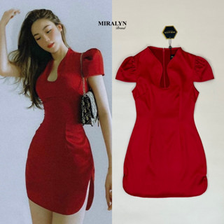 MI-Dress สีแดงเข้ารูปทรงดีมากทรงคอจีนแบบกี่เพ้าแบบเรียบๆ