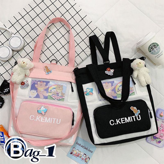 bag(BAG1740) กระเป๋าผ้าสะพายข้าง/สะพายเป้ได้ ลายหมีC.KEMITU **มีแถมเข็มกลัด 3 ชิ้น**