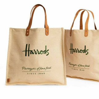 แท้💯กระเป๋าช้อปปิ้งแบรนด์ดังอังกฤษ กระเป๋า Harrods Food Hall Jute Bag หูหนังแท้ ใบใหญ่ใส่ของจุ