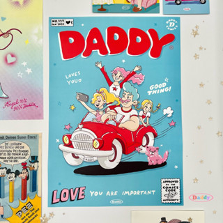 DADDY | Red Car Poster A3 โปสเตอร์ลายครอบครัว Daddy กับรถสีแดง สุดน่ารัก