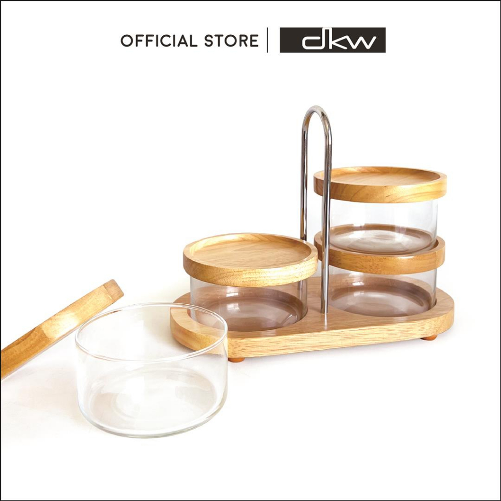 DKW GW-327CH ชุดโหลเครื่องปรุงและฐานไม้ยางพารา มีโครงหิ้ว