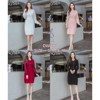 (เช็คของก่อนโอนเงิน) {S-XL} 898 งานป้าย Dress World ชุดเดรสสั้นคอปก แขนยาว แต่งกระดุมอก สีพื้น น่ารัก เรียบร้อย