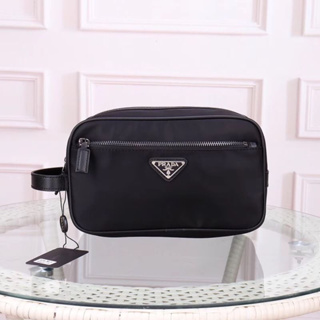 PRADA NYLON POUCH WITH LEATHER DETAILS BLACK BAG กระเป๋าปราด้า ใส่เครื่องสำอางค์ ผ้าไนล่อนสีดำ