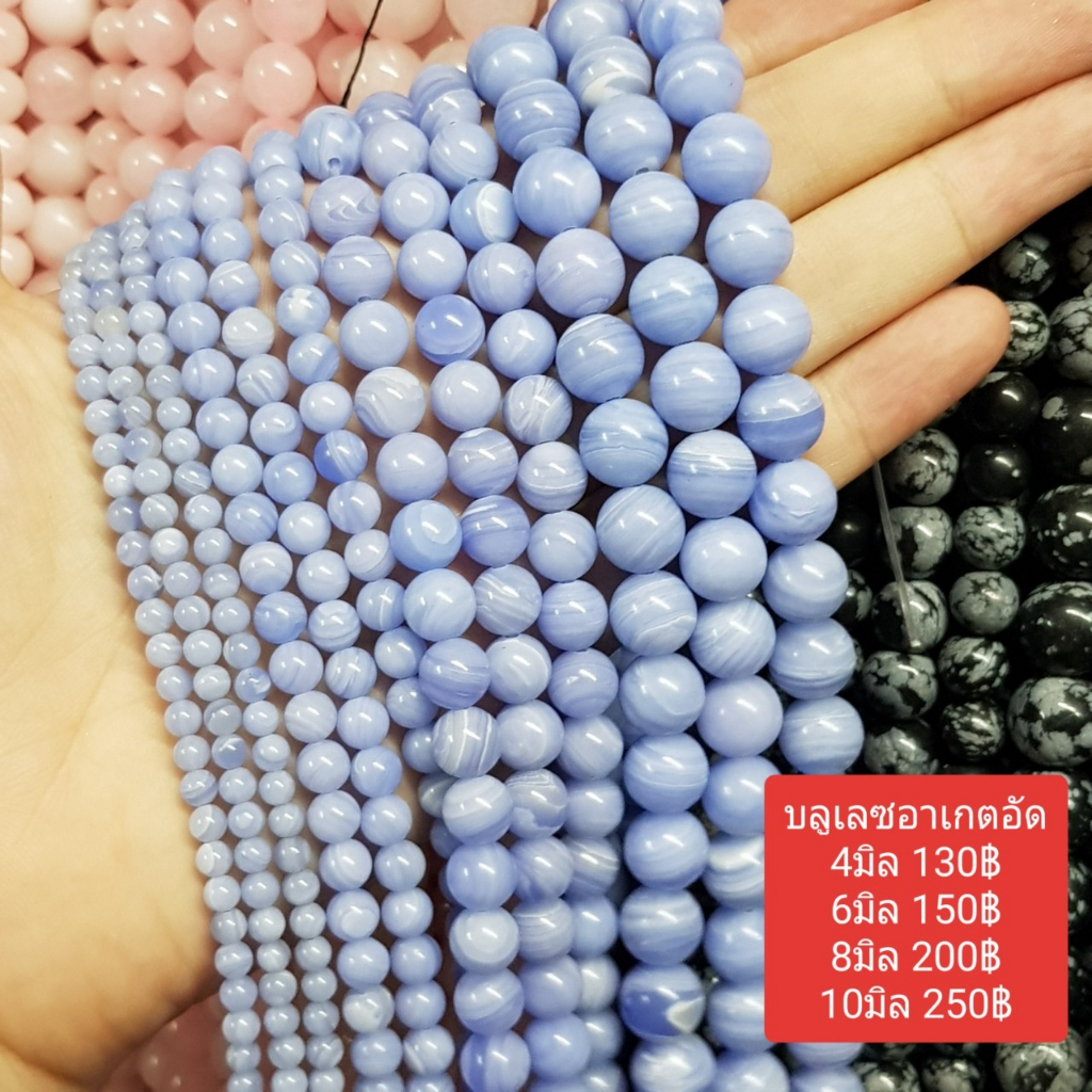 บลูเลซอาเกตอัด หินเส้นยาวขายส่งความยาวประมาณ38เซน( สำหรับนำไปร้อยเองได้2วงข้อมือ