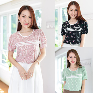 Narinari : MT2103 Lace Line Balloon Sleeve Blouse เสื้อทำงาน(ใช้โค้ด NARISP9 ลดทันที 65.- เมื่อช็อปครบ 500.-)