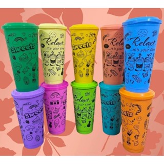 แก้ว 22 oz pp แข็ง สกรีนลาย Relax คละสี พร้อมฝาเรียบแข็ง คละสี รหัส K-22/k/90