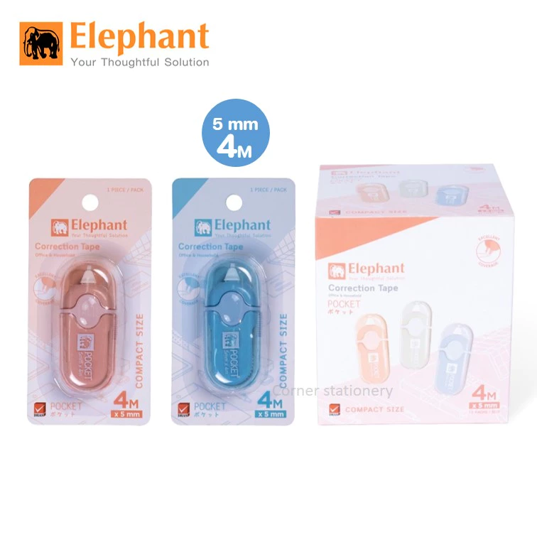 เทปลบคำผิดตราช้าง รุ่นพ็อคเก็ต pocket กว้าง 5 มม.ยาว 4 เมตร คละสี เนื้อสีขาว correction tape