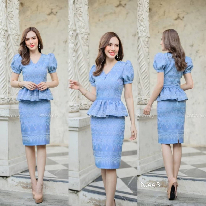 ชุดเดรสผ้าไทย ผ้าทอลาย สีฟ้า [A04] ชุดผ้าไทย