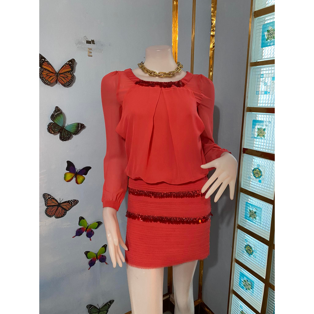 1งาน TBF เดรสแขนยาวสีชมพู คอ+กระโปรงปักเลื่อมแดงวิ้ง+เลื่อมแดงใส กระโปรงเย็บชั้นๆสวยๆ เนื้อผ้าดีไม่ย