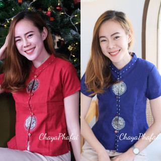 เสื้อคอจีนแขนสั้นแต่งครึ่งเสี้ยว เสื้อผ้าฝ้าย เสื้อพื้นเมือง