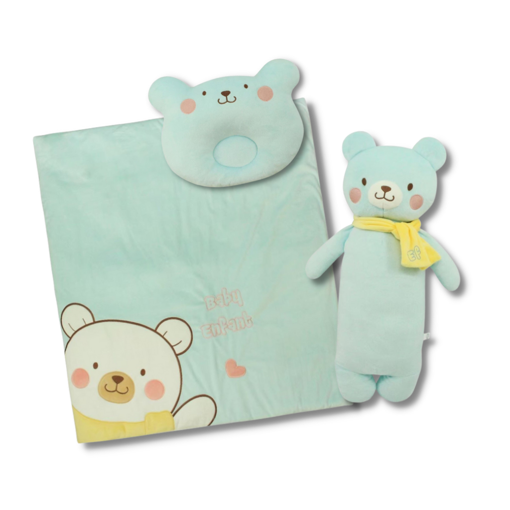 Enfant (อองฟองต์) ชุดผ้าห่ม หมอนหลุม หมอนข้าง เครื่องนอนเด็ก คอลเล็คชั่นน้องหมีอองฟองต์ เนื้อผ้าเวลลัว 1แพ็ค 3 ชิ้น สีฟ้า