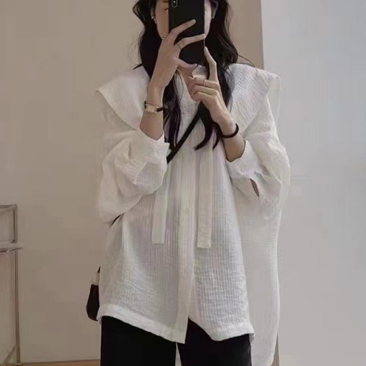 LK2927 เชิ้ต oversize ผู้หญิงน่ารักๆ อก50+ เสื้อเชิ้ตสาวอวบ สีขาว-ดำ คอปกใหญ่ ดีเทลน่ารักสุดๆ
