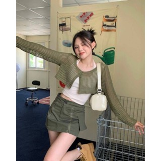 Y2K SUPA KNIT เสื้อแขนยาวคอเหลี่ยมผ้าไหมพรมพร้อมกับเสื้อกล้ามคล้องคอ ชิคสุดๆ✨