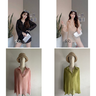 ชุดเดรส เดรส มินิเดรส เสื้อ คอวี อัดพลีท แฟชั่น แขนยาว ฟรีไซส์ สีพื้น