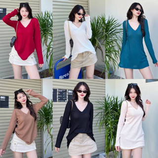 mini dress knit เสื้อ top ใส่เป็น เดรสสั้นได้ เสื้อคอวี มินิเดรสใส่สบาย