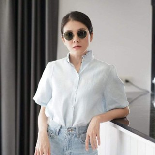 Mamara Shirt ( 100% Linen ) เสื้อเชิ้ตลินิน เเต่คอระบาย ดีเทลเย็บจีบ ด้านหลังเเขนเสื้อ