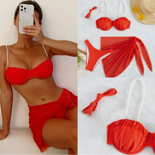 Red Bikini บิกินี่ 3 ชิ้น บราสายมุก มีสายเปลี่ยน+ผ้าคลุมบิกินี่ ใส่แล้วขับผิว ขาวมากกก