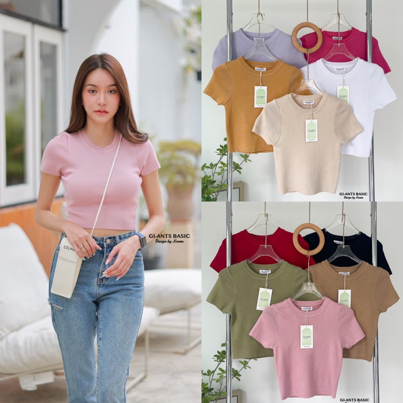 🍫เสื้อคอกลมตัวสั้น ผ้าไหมพรม 🏷งานป้ายGi-Ants