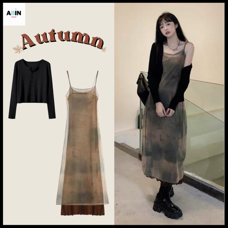 พร้อมส่ง Autumn Dress เดรสสายเดี่ยว เดรสยาว เสื้อผ้าสไตล์เกาหลี