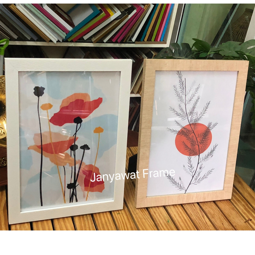 กรอบรูปตกแต่งบ้าน สีขาวเสี้ยน ขนาด 13x19", 15x21", 16x20", A2 , 16x24"พร้อมกระจก+ที่แชวนผนัง