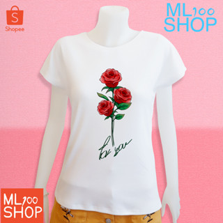 เสื้อยืดลาย ช่อดอกกุหลาบ ผ้า TK พิมพ์ลายลงในเนื้อผ้า - ML100SHOP (คอปาด)