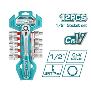 TOTAL ชุดประแจบ๊อกซ์ 12 ชิ้นชุด THT141121 ด้ามฟรี + ลูกบ๊อกซ์ 1/2 นิ้ว Socket Set