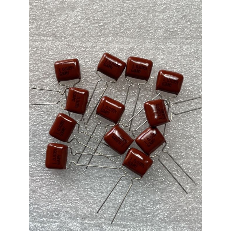 1UF 63V 105J  105PF ไมล่าของญี่ปุ่น ขาห่าง10มิล Cไมล่าของแท้ของใหม่(10ชิ้น) ตัวเก็บประจุ คาปาซิเตอร์
