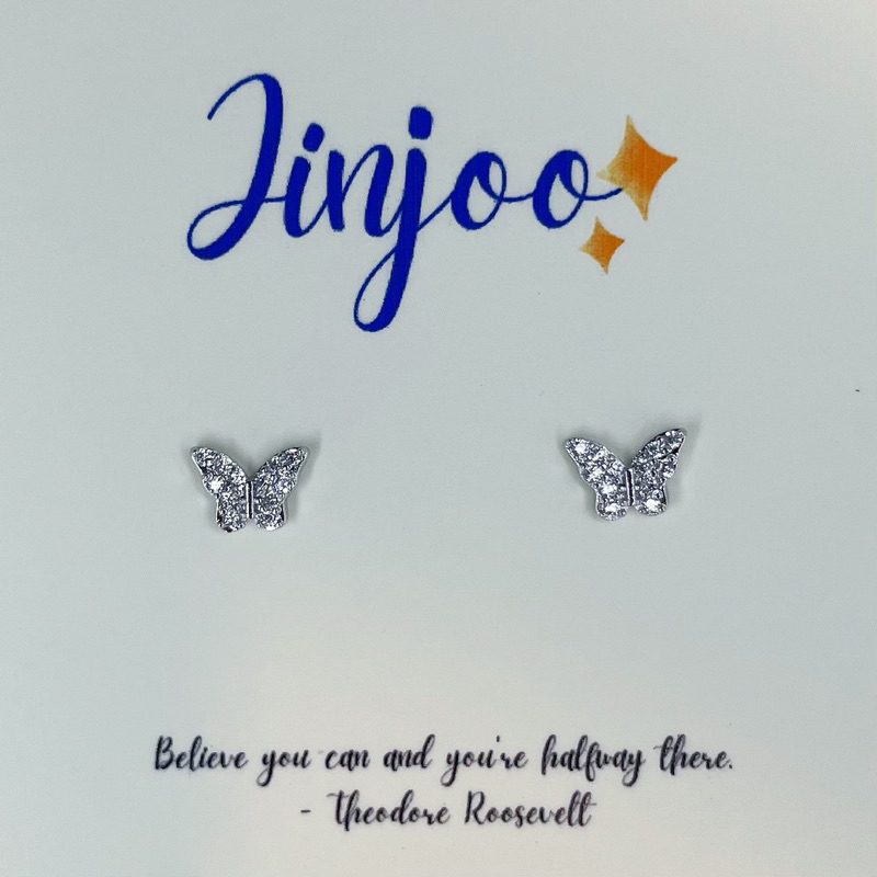 Jinjoo✨ รหัส A55 - ต่างหูผีเสื้อเพชร ดีไซน์สวย สไตล์2022 (แป้นทับเงินแท้925+จุกยาง)