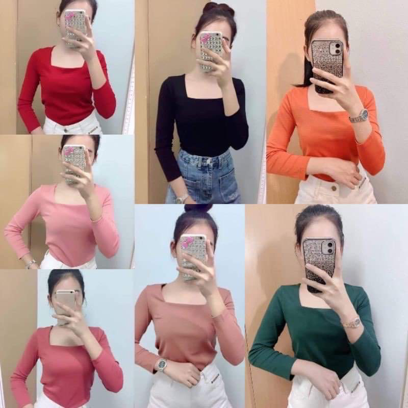 Cha-nee shop เสื้อยืดคอเหลี่ยมแขนยาวสีพื้นสวยหรูดูแพงใส่แมตช์ได้ง่ายกับทุกสไตล์