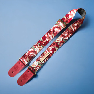 สายกีต้า ดอกไม้แดง หนังแท้ , Red Flora Guitar Strap