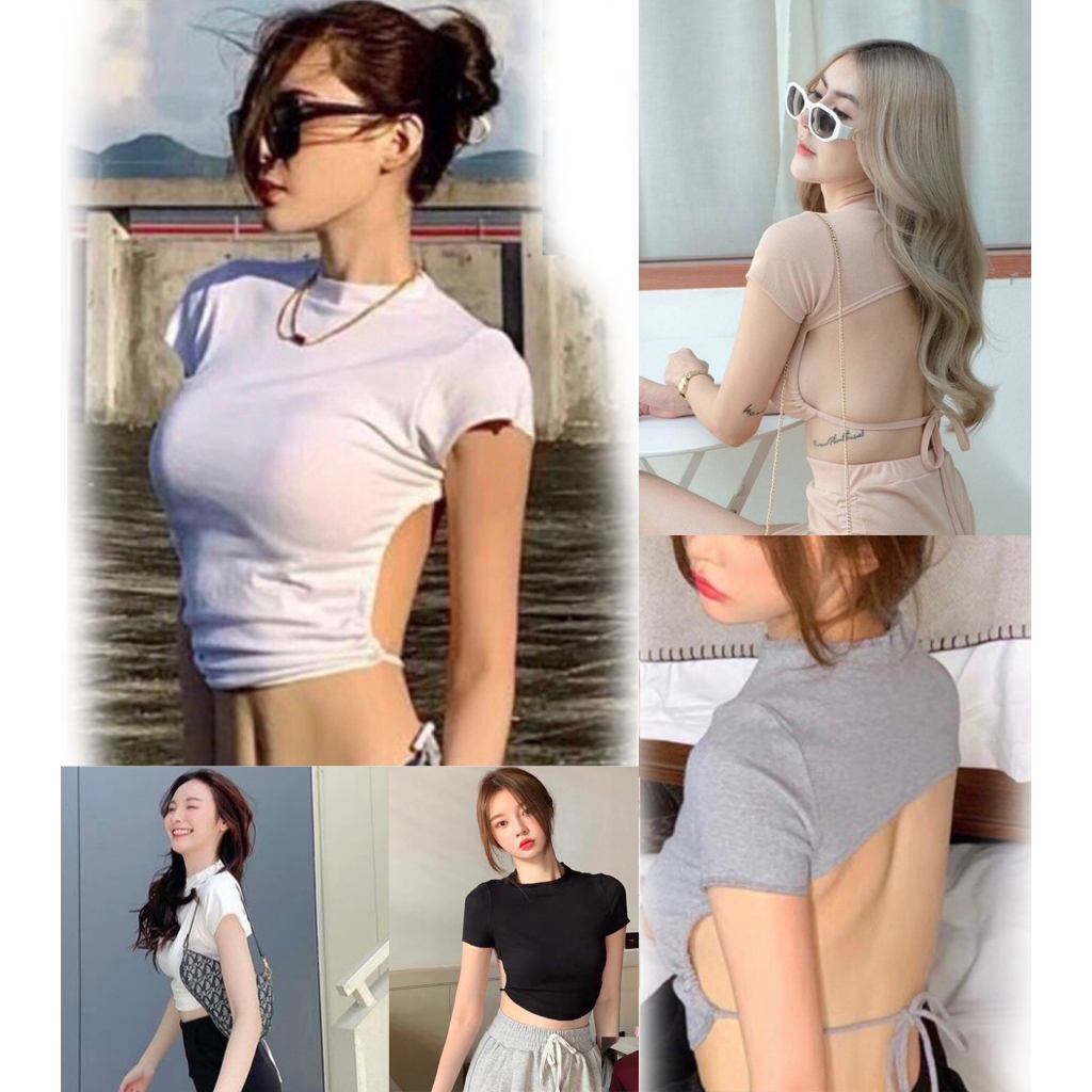 🎉nidnoomstudio 👕🏖️ เสื้อครอปรูดข้างเว้าหลัง เสื้อเอวลอยรูดข้าง เว้าหลัง ไลฟ์สไตล์ ดีเทลผูกหลัง (263)