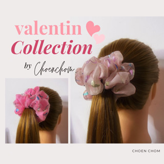 💕scrunchies Valentine: ยางมัดผมโดนัท ยางรัดผม 2 ชั้น สีชมพู (ขนาดกลาง 5 นิ้ว) น่ารัก