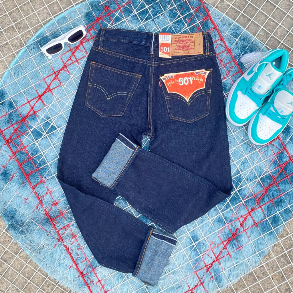 L-e-v-i-'s Big E 501 red line blue Made in U-S-A