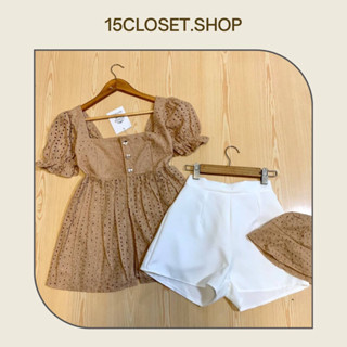 ชุดเซตเสื้อคอเหลี่ยมแขนตุ๊กตาฉลุลาย+กางเกงขาสั้น+หมวก