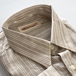 Hazard เสื้อเชิ้ตทำงานแขนยาวลายทาง ผ้า Linen(ลินิน)  สีเบท