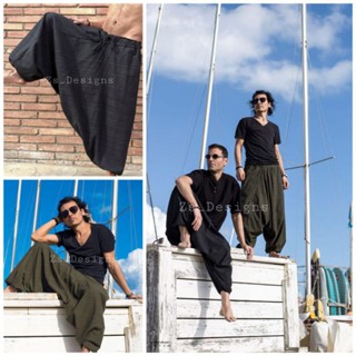 Samurai Pants กางเกงซามูไร Black&amp;Green Line Cotton100%